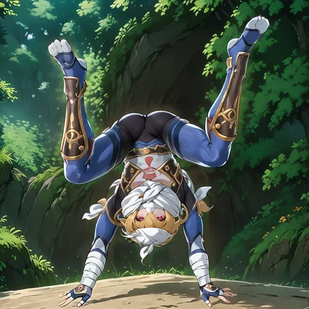 1girl, handstand, blue outfit, <lora:SheikXL:.8>, small hands, spread fingers, hair over eye, nose, upside down, head wrap, red eyes, bandages on head, (anime, masterpiece, intricate:1.3), (best quality, hires textures, high detail:1.2), (4k),(incredibly detailed:1.4),UHD, 8K, ultra detailed