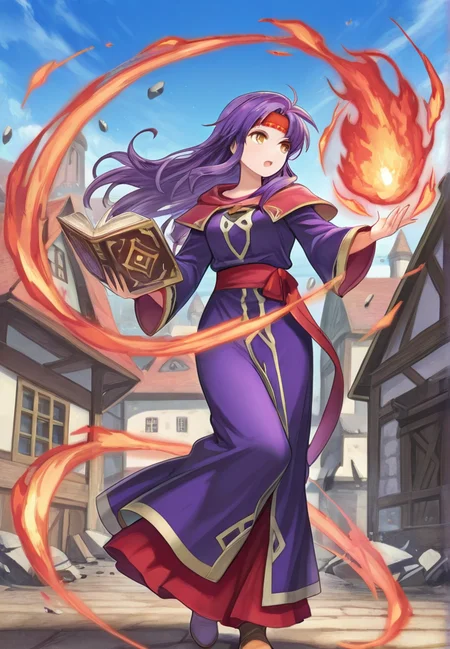 masterpiece, best quality, amazing quality, very aesthetic, absurdres, newest, detailed background, town, debris,
feh, magicaura, magic, fire,
1girl, purple hair, long hair, headband, robe, solo, book, yellow eyes, full body, red headband,
<lora:Fire_Emblem_Heroes_Style:1> <lora:Magic_Aura:1>