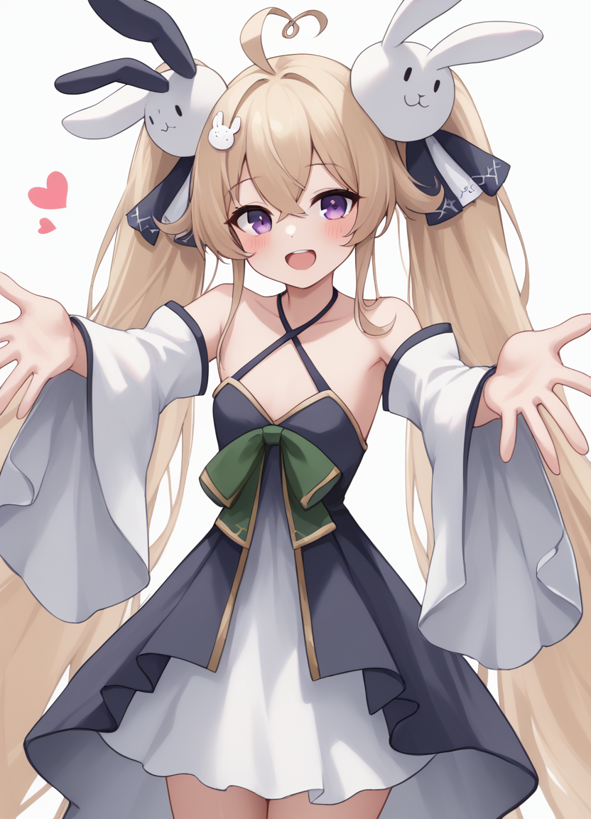score_9, score_8_up,
1girl, solo, long hair, looking at viewer, blush, smile, open mouth, blonde hair, hair ornament, long sleeves, dress, hair between eyes, bare shoulders, twintails, very long hair, purple eyes, collarbone, ahoge, :d, heart, detached sleeves, wide sleeves, halterneck, outstretched arms, rabbit hair ornament,
<lora:attilioXL:1>