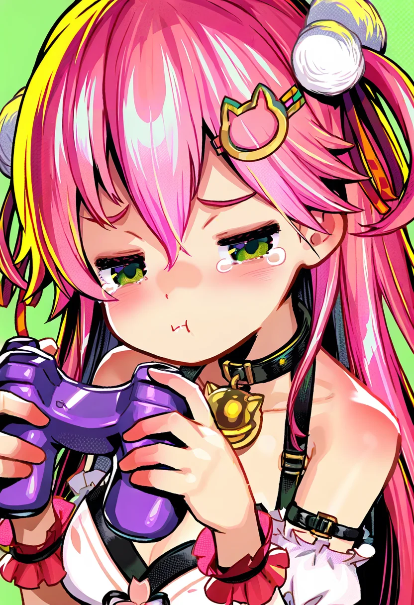 1girl, virtual youtuber, sakura miko, green eyes, hair ornament, solo, pink hair, long hair, holding, ahoge, cat hair ornament, holding controller, holding game controller, game controller, bell, controller, neck bell, breasts, pom pom hair ornament, blush, upper body, pout, hair between eyes, pom pom \(clothes\), tears, bare shoulders, collarbone, green background, detached sleeves, short sleeves, bangs, tearing up, :t, closed mouth, collar, jingle bell, looking at viewer <lora:gyokaiXL_NBVP1_lokr_V6311P:0.95>