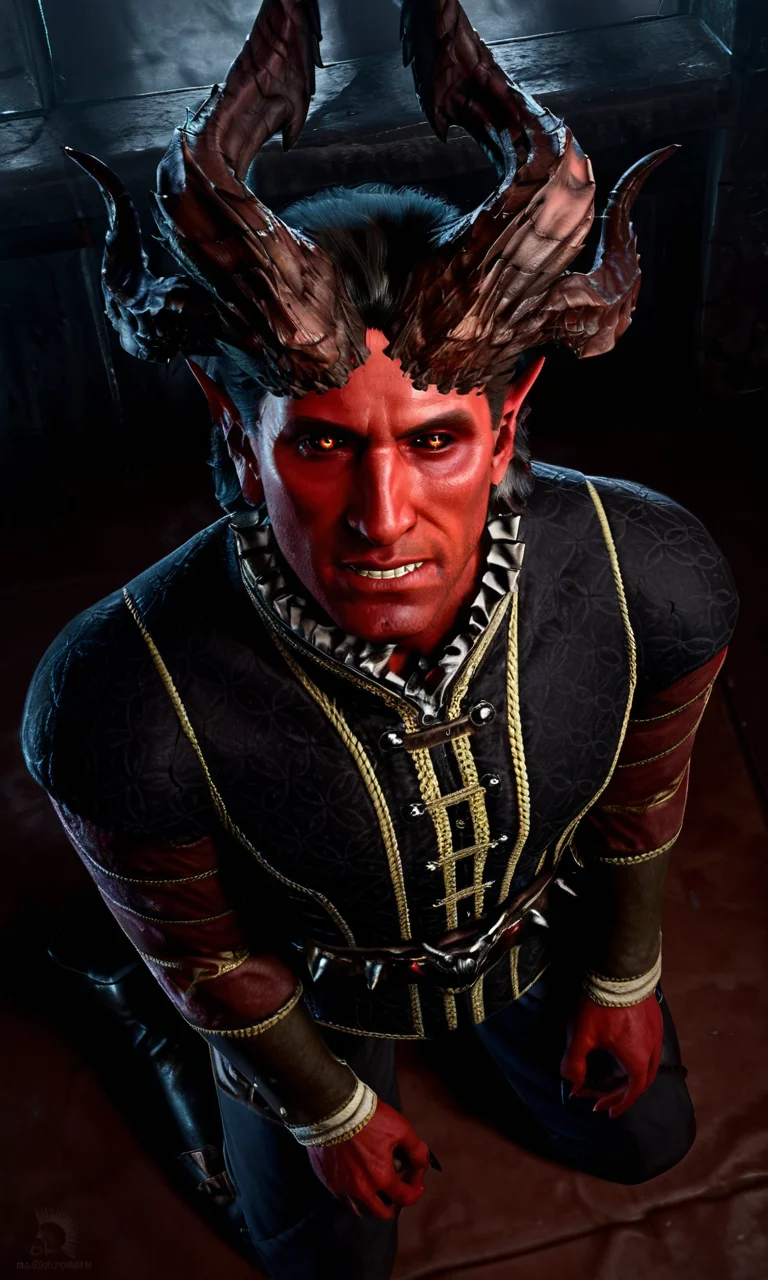 score_9, score_8_up, score_7_up, BREAK 1boy, solo, photorealistic, realistic, photo, film grain, male focus, short hair, black hair, orange eyes, black sclera, colored sclera, colored skin, red skin, demon boy, demon horns, multiple horns, kneeling, mature male, v-neck, chest hair, frills, belt, formal, looking at viewer, BREAK dark, from above, teeth, viewer holding leash, raphael \(bg3\), <lora:bg3_raphael-000009:0.9>