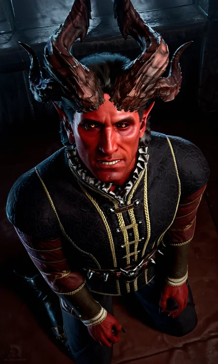 score_9, score_8_up, score_7_up, BREAK 1boy, solo, photorealistic, realistic, photo, film grain, male focus, short hair, black hair, orange eyes, black sclera, colored sclera, colored skin, red skin, demon boy, demon horns, multiple horns, kneeling, mature male, v-neck, chest hair, frills, belt, formal, looking at viewer, BREAK dark, from above, teeth, viewer holding leash, raphael \(bg3\), <lora:bg3_raphael-000009:0.9>