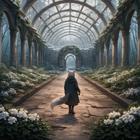 score_9, score_8_up, score_7_up,  fullbody, 1girl, furry, anthro, gray fur, wolf tail, wolf, solo, fullbody, backview, looking arround in wonder, masterpiece, best quality, very aesthetic, close up, gray hair, gray twin braids, green eyes, standing in the ruins of botanic garden with glass ceiling, overgrown, trees, frozen flowers, plants,  broken glas, snow patches ray of light, dark sky, low light, white snow, (postapocalyptic city), d, dark, worried, concerne, ragged winter clothes