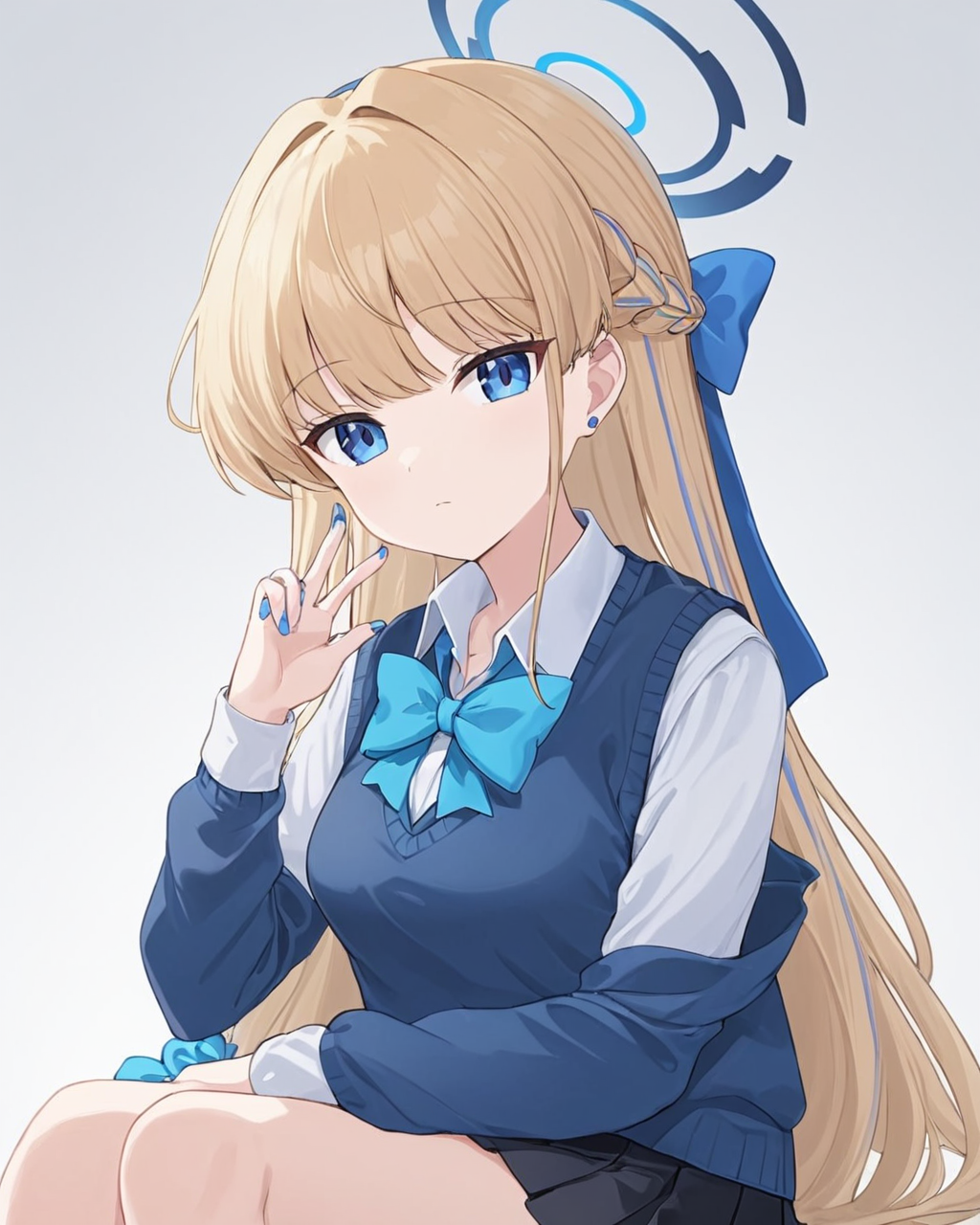 toki \(blue archive\),1girl, halo, solo, wrist_scrunchie, school_uniform, white_background, looking_at_viewer, blue_nails, simple_background, sweater_vest, white_shirt, pleated_skirt, collared_shirt, long_sleeves, black_skirt, braid, vest, nail_polish, hair_bow, closed_mouth, blue_bowtie, sitting, alternate_costume, arm_support
<lora:toki_(blue_archive)_image4932_2023-11-28-000009:1>halo. gorgeous,key visual, vibrant, studio anime,award-winning, professional, highly detailed,high budget, cinemascope