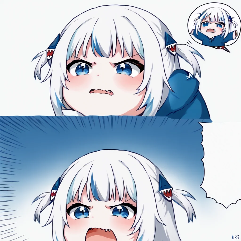 1GIRL gawr gura, blue hoodie, white hair , blue eyes, two side up, shark hair ornament, <lora:gawr_gura_sdxl_pony:0.8> ,2KOMA , FANG, COMIC ,OPEN MOUTH ,EMPHASIS LINES, <lora:angrynoises-000005:1>