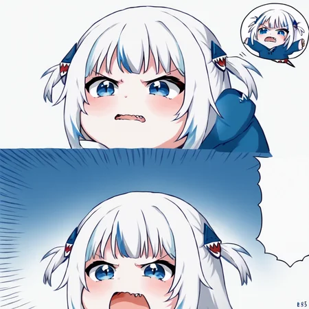 1GIRL gawr gura, blue hoodie, white hair , blue eyes, two side up, shark hair ornament, <lora:gawr_gura_sdxl_pony:0.8> ,2KOMA , FANG, COMIC ,OPEN MOUTH ,EMPHASIS LINES, <lora:angrynoises-000005:1>