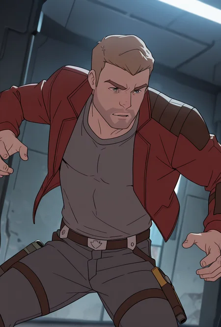 <lora:starlord-10:1> starlord, 1boy, dirty blonde hair, red jacket, gray shirt, short hair, open jacket, dynamic pose, solo, masterpiece, best quality, amazing quality, very aesthetic, absurdres, newest,