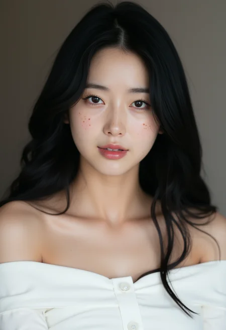 photo of a korean woman,1girl,solo,black hair,realistic,long hair,looking at viewer,upper body,lips,freckles,parted lips,collarbone,bare shoulders,shirt,black eyes,white dress,off shoulder,