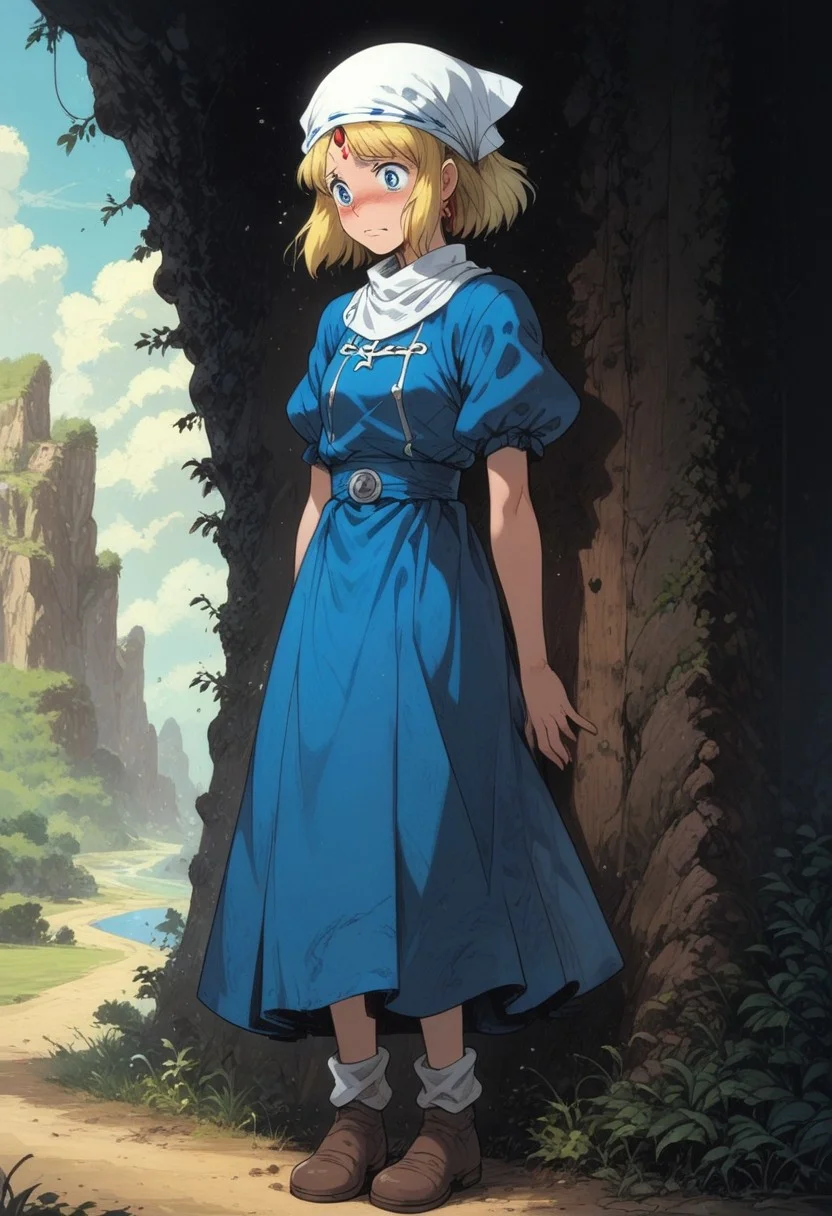 1girl standing contrapposto nervous hair-tucking wind-lift solo
BREAK
blonde-hair blue-eyes tiara embroidered-dress head-scarf footwear
BREAK
Sky cave scenery
BREAK
score_9 score_8_up score_7_up zPDXLxxx Expressiveh real-skin ghibli 1990_\(style\) retro-artstyle anime-coloring film-grain