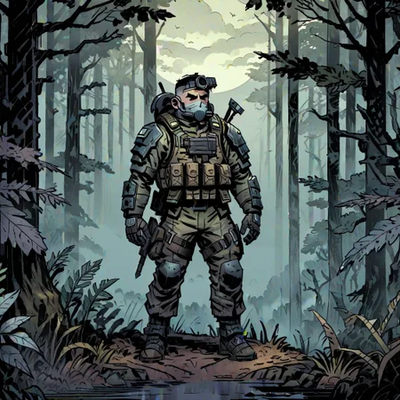 high-definition 8k comics artwork in dgst art style of an special forces soldier wearing tactical armor standing in a thick forest with fog, full body.