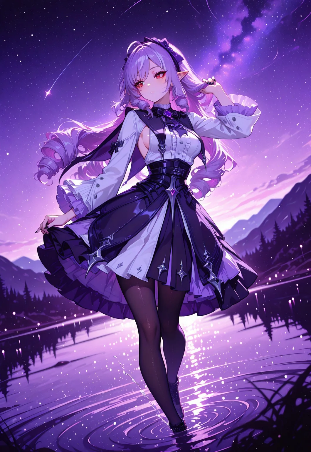 masterpiece, best quality, amazing quality, absurdres, perfect face, detailed face, artist:moriimee, 748cmstyle, EGirlPFP, eye_focus, Lucid Tides,
(Girl:0.0), vivian (zenless zone zero), red eyes, ultra-detailed anime eyes, mole, mole under eye, purple hair, very long hair, drill hair, ahoge, pointy ears, two-tone hairband, black hairband, purple hairband, purple hair bow, black nails, fingernails, nail polish,
black cape, shoulder cape, short cape, purple gemstone, multiple bows, purple bowtie, black bowtie, purple ascot, frilled ascot, white dress, frilled dress, pleated dress, center frills, sideboob cutout, long sleeves, wide sleeves, frilled sleeves, black corset, two-tone skirt, black skirt, purple skirt, frilled skirt, layered skirt, black pantyhose, eyeshadow, eyeliner,
(Pose:0.0), walking forward, walking on water, ripples under feet,
looking away, lifting own hair, in awe,
(Scene:0.0), from front, lake, night, starry sky, surreal, trippy, psychedelic, abstract, dreamlike, ethereal, vibrant colors, high contrast, vivid imagery, distorted perspective
dynamic action, dynamic pose, blurry, depth of field, dynamic composition, dutch angle, detailed background, foreshortening, digital art, 2D illustration, dramatic lighting, purple theme,