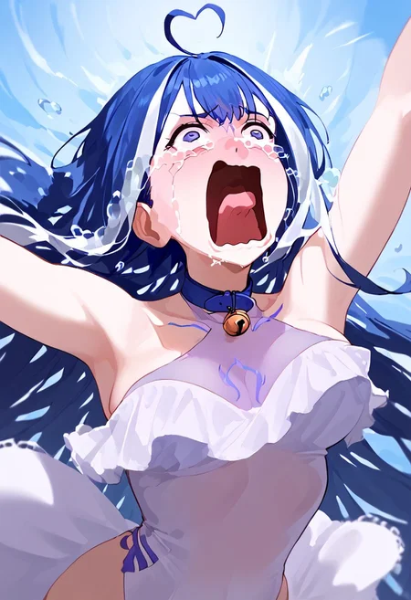 abbystea style, score_9, score_8_up, score_7_up, BREAK, 1girl portrait, beautiful, ((shylily3rd, heart ahoge, facial mark, fins, body markings, cetanean tail, blue collar, belt collar, jingle bell, see-through swimsuit, white one-piece swimsuit, casual one-piece swimsuit, see-through cleavage, highleg swimsuit, thigh strap, halterneck, aquascreaming, screaming, open mouth, crying with eyes open)) , dark blue hair