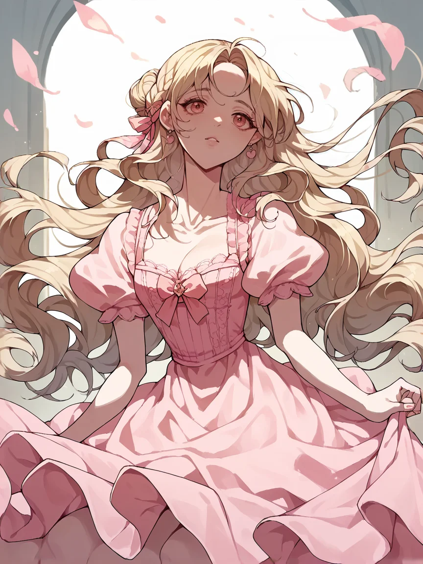 score_9, score_8_up, score_7_up, score_6_up, score_5_up, <lora:lalangheejXLP:1> lalangheej, 1girl, pink dress, long hair,
