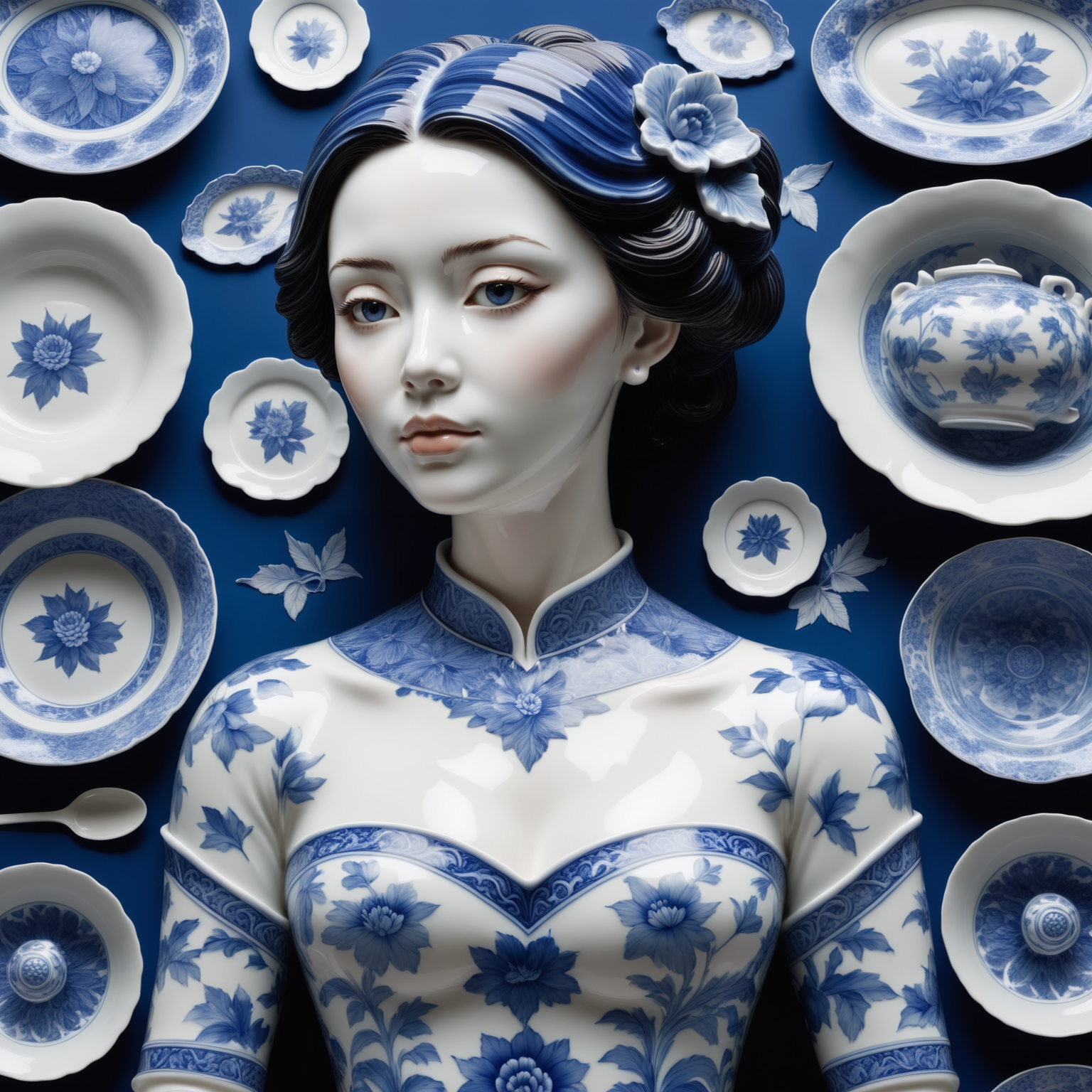 a woman made out of Bluepatternporcelain,  <lora:BluePatternPorcelainStyle:0.7>