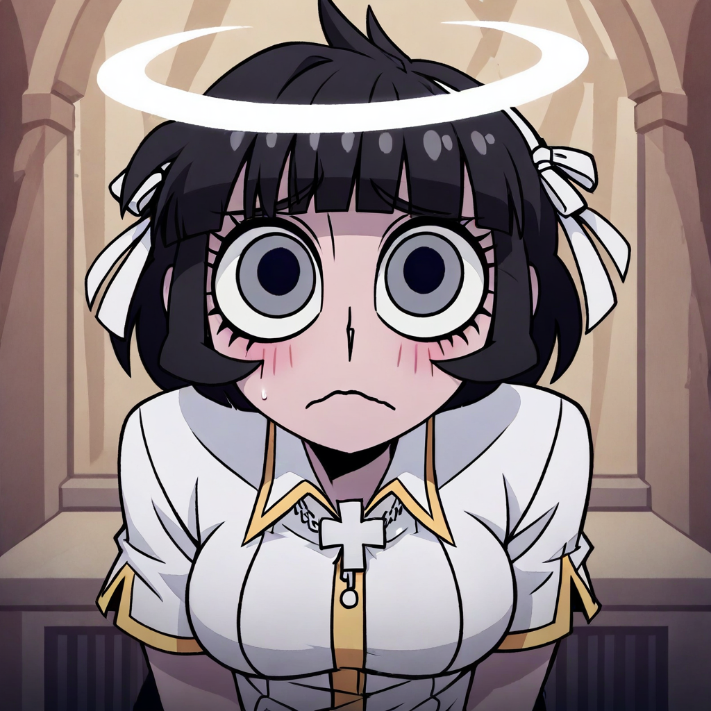 masterpiece, best quality, newest, absurdres, highres, anime, anime style, P/PEV1.0, pleading eyes,  1girl, azazel (helltaker), short hair, black hair, halo, white shirt,