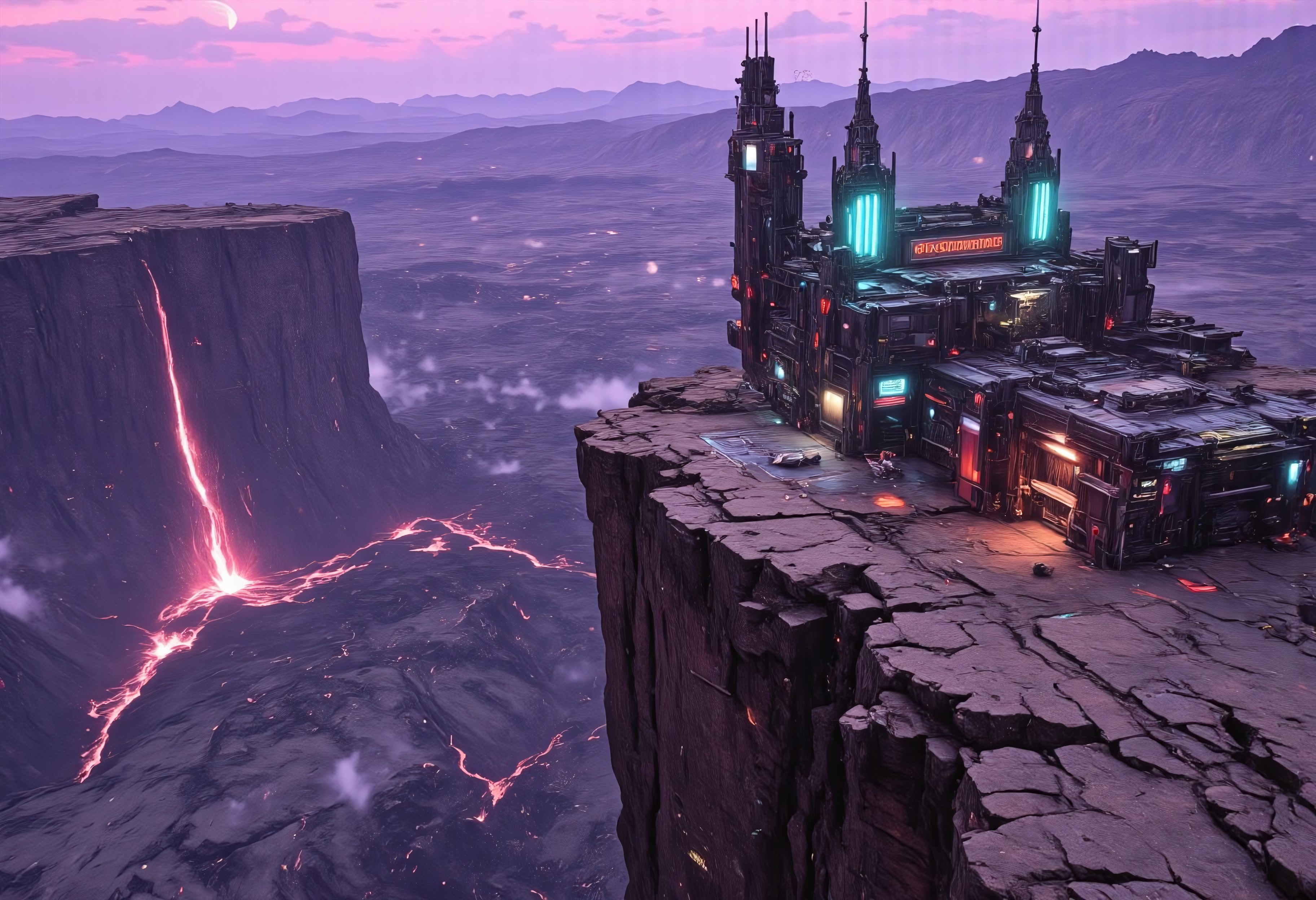 OBxiaoxiang, CAICO, inksketch purple and gray theme, Abstract digital painting in the style of ck-js, detailed photorealistic image, a sci-fi Miningstation of colossal buildings and towers in a barren lavender lush landscape, looking like an Mining Outpost perched at the Cliff, of a volcanic cliff, its sleek towers a stark contrast to the cliffs surrounding it. The planet’s sun casts a vivid, cyan surreal light across the station, while deep fissures reveal glowing rivers of molten pink lava far below. The sky is a surreal shade of black and purple, dark glowing diodes and lights ((dark glowing diodes, lights and neon signs), Firestorm Inc. written on the neon signs), attached to the building is a landing field with 3  Spaceships landed on it, Dragonkin like creatures are around fixing some spaceships, two moons hanging low in the horizon, each reflecting light off the surface, large depth of field. The sky is a dark pink, with 2 broken moons hanging low in the horizon <lora:more_details>
realistic, detailed background, shaded, detailed, hi res, realistic, photography \(artwork\), (by kenket), by ross tran, by michael & inessa garmash, by pino daeni, by isvoc, by kiguri, by alena aenami, by ruan jia, (by zenthetiger, by wolfy-nail), by Enki Bilal, by drmax, photorealism, <lora:add_detail:1.3