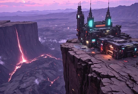 OBxiaoxiang, CAICO, inksketch purple and gray theme, Abstract digital painting in the style of ck-js, detailed photorealistic image, a sci-fi Miningstation of colossal buildings and towers in a barren lavender lush landscape, looking like an Mining Outpost perched at the Cliff, of a volcanic cliff, its sleek towers a stark contrast to the cliffs surrounding it. The planet’s sun casts a vivid, cyan surreal light across the station, while deep fissures reveal glowing rivers of molten pink lava far below. The sky is a surreal shade of black and purple, dark glowing diodes and lights ((dark glowing diodes, lights and neon signs), Firestorm Inc. written on the neon signs), attached to the building is a landing field with 3  Spaceships landed on it, Dragonkin like creatures are around fixing some spaceships, two moons hanging low in the horizon, each reflecting light off the surface, large depth of field. The sky is a dark pink, with 2 broken moons hanging low in the horizon <lora:more_details>
realistic, detailed background, shaded, detailed, hi res, realistic, photography \(artwork\), (by kenket), by ross tran, by michael & inessa garmash, by pino daeni, by isvoc, by kiguri, by alena aenami, by ruan jia, (by zenthetiger, by wolfy-nail), by Enki Bilal, by drmax, photorealism, <lora:add_detail:1.3