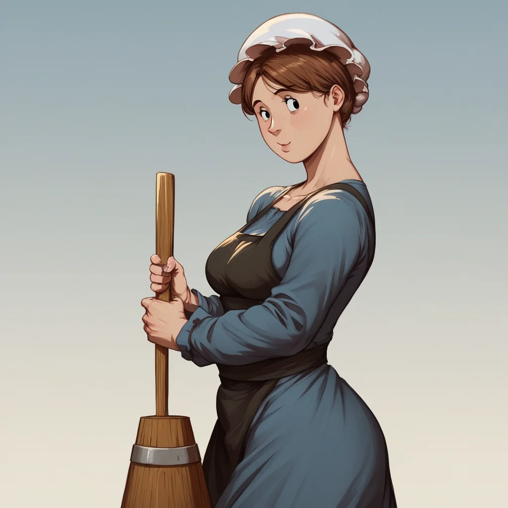 score_9_up, score_8_up, BREAK, 1girl, solo, AmishWife, short hair, brown hair, black eyes, mob cap, dress, apron, blue dress, mature female, cowboy shot, <lora:AmishWife_jlullaby_PXL_Leaf2:0.8>, outdoors, gradient background,