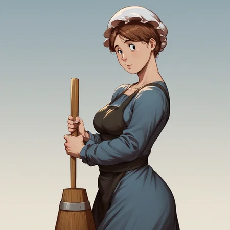 score_9_up, score_8_up, BREAK, 1girl, solo, AmishWife, short hair, brown hair, black eyes, mob cap, dress, apron, blue dress, mature female, cowboy shot, <lora:AmishWife_jlullaby_PXL_Leaf2:0.8>, outdoors, gradient background,