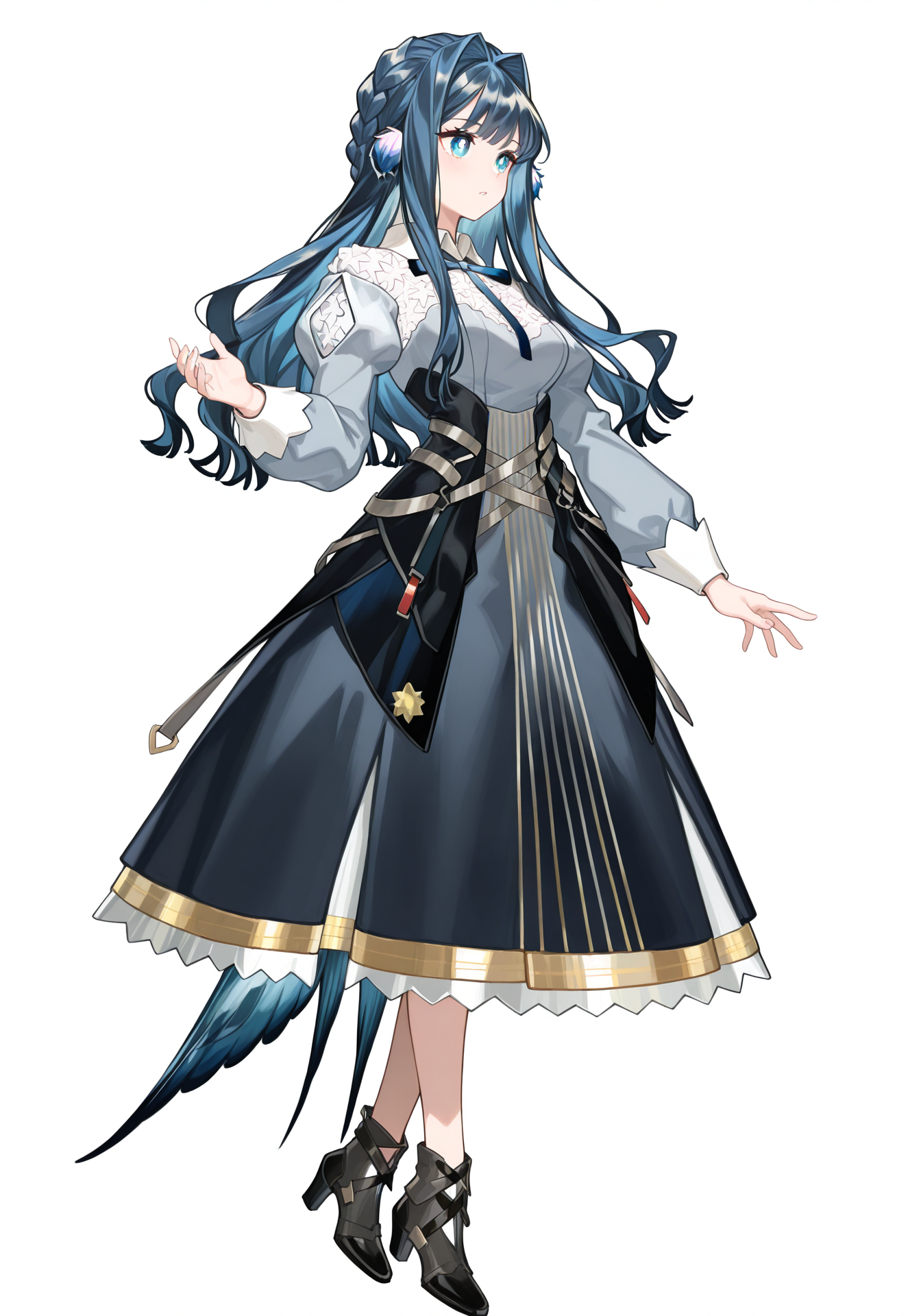 white background,simple background,arknightsgame,masterpiece,best quality,amazing quality,very aesthetic,high resolution,ultra-detailed,absurdres,
1girl,solo,Astesia,blue eyes,white pupil,bird tail,long hair,blue hair,bird girl,medium breasts,
astesia_\(arknights\),white collared shirt,black long skirt,black high heel boots,blue neck ribbon,
full body,standing,
<lora:AstesiaILREV1.0-000003:1>,<lora:ArknightsGameStyleILV1:0.8>,