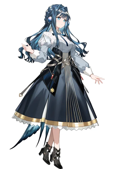 white background,simple background,arknightsgame,masterpiece,best quality,amazing quality,very aesthetic,high resolution,ultra-detailed,absurdres,
1girl,solo,Astesia,blue eyes,white pupil,bird tail,long hair,blue hair,bird girl,medium breasts,
astesia_\(arknights\),white collared shirt,black long skirt,black high heel boots,blue neck ribbon,
full body,standing,
<lora:AstesiaILREV1.0-000003:1>,<lora:ArknightsGameStyleILV1:0.8>,