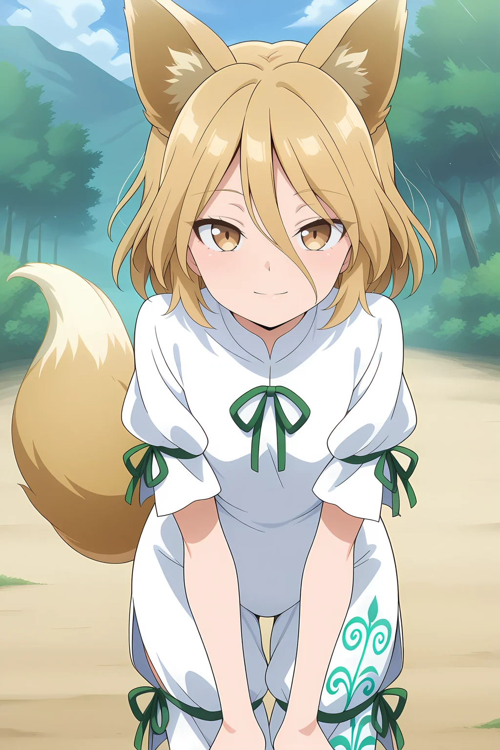 absurdres, highres, masterpiece, best quality, amazing quality, official anime artwork, screencap, anime screencap, outdoors, looking at viewer, light smile, dynamic pose, standing, 
 <lora:Tsukasa-Kudamaki_Illustrious:1> kudamaki tsukasa, 1girl, solo, brown eyes, blonde hair, short hair, fox ears, fox tail,, white romper, green ribbon, puffy short sleeves