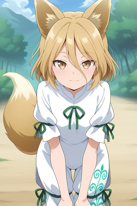 absurdres, highres, masterpiece, best quality, amazing quality, official anime artwork, screencap, anime screencap, outdoors, looking at viewer, light smile, dynamic pose, standing, 
 <lora:Tsukasa-Kudamaki_Illustrious:1> kudamaki tsukasa, 1girl, solo, brown eyes, blonde hair, short hair, fox ears, fox tail,, white romper, green ribbon, puffy short sleeves