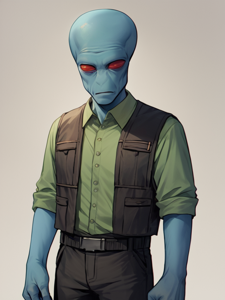 score_7_up, score_8_up, score_9, masterpiece, (1boy, solo,)perfect face, perfect hands, high quality, source_anime, cowboy shot, <lora:Duros_-_Star_Wars:1> duros, 1boy, colored skin, alien, red eyes, blue skin, bald, standing, black vest, green undershirt, black pants, utility belt,