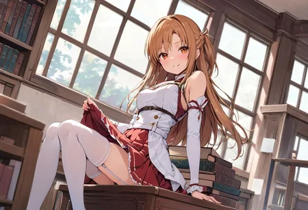 asuna_\(sao\), long_hair, skirt, red_skirt, detached_sleeves, windmill, white_thighhighs, brown_hair, brown_eyes, breastplate, solo, pleated_skirt, miniskirt, white_belt, garter straps, girl sitting on the table, (skirt lift), <lora:skirtLift:0.5>, full body view, Victorian era library study complete with bookshelves full of books, beautiful window, dark wooden floorboards, depth of field, seductive smile, light blush, <lora:add-detail-xl>, masterpiece, best quality, wallpaper, extreme detail