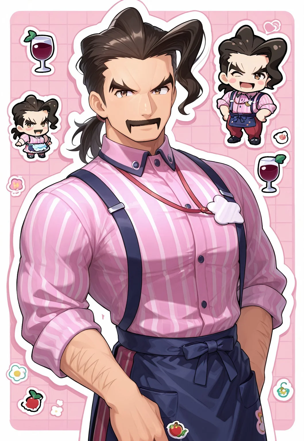 safe_pos, safe_pos,masterpiece,best quality, newest, absurdres, highres Saguaro,stripe shirt,suspenders,blue waist apron with cute sticker,wine red pant,smile,