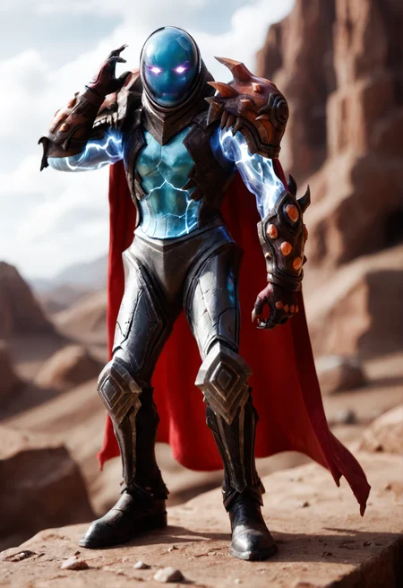 <lora:Arc_Warden_v1:1> arc_warden_v1,
1boy, no humans,
glowing,
claws,
armor, cape, helmet,gloves, shoulder armor, boots, gloves,,, score_9, score_8_up, score_7_up, score_6_up, derpibooru_p_95,
detailed eyes, beautiful, detailed background, perfect eyes,
blur censor, blurry, blurry background, blurry foreground, bokeh, motion blur,
chromatic aberration, depth of field, figure, focused, focus
photography, realistic sun light and shadows, photorealism, UHD --ar 9:16 --style raw --stylize 700,
solo,
rocky plateau behind her with rugged desert landscape, saguaro cacti in the background, long shadow stretching across dusty terrain, ominous storm clouds building, hazy sun barely visible behind clouds, one hand supporting head, one hand on hip,smile