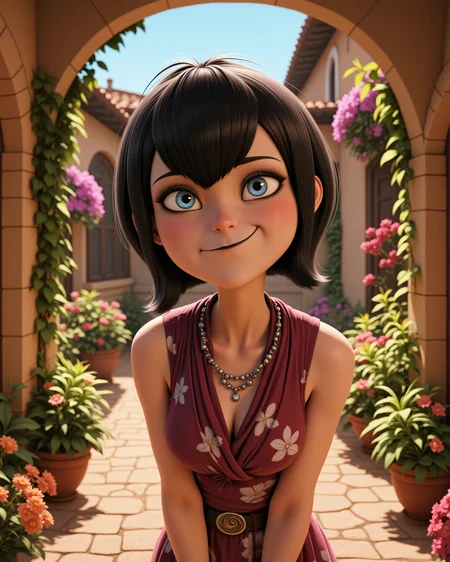 dynamic view, looking at viewer, outdoors daylight, Amused with a playful smirk, eyes glinting with mischief, and a slight chuckle escaping.
A woman walks through a rustic, flower-filled courtyard, the vibrant colors of the blooms surrounding her as the scent of jasmine fills the air. in a dynamic pose
<lora:Hotel_Transilvania_-_Mavis_v2-000030:1> ht-mavis a 20 year old adult woman with blue eyes and black hair. In her iconic outfit