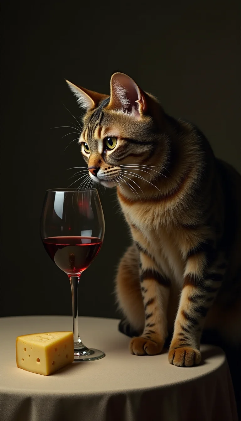 a elegant cat drinking a glass of wine, with cheese on the table, by Nicola Samori