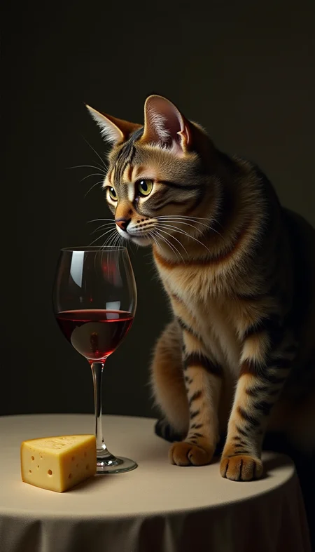 a elegant cat drinking a glass of wine, with cheese on the table, by Nicola Samori