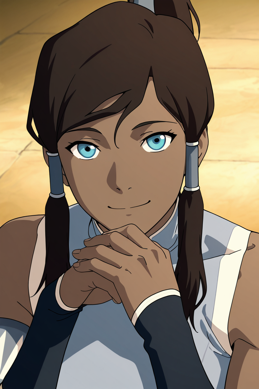 masterpiece, best quality, 1girl, solo, eyelashes, (beautiful eyes),   aaKorra, blue shirt, upper body, looking at viewer, smile, bare shoulders, hair tubes, own hands together, anime coloring  ,<lora:KorraStyleIXL:1.0>,