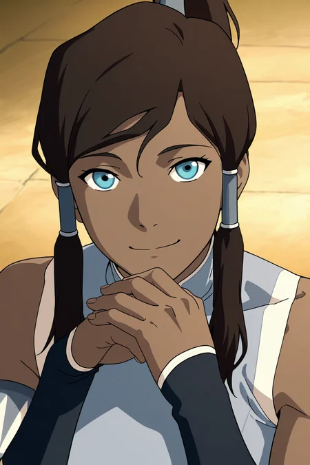 masterpiece, best quality, 1girl, solo, eyelashes, (beautiful eyes), aaKorra, blue shirt, upper body, looking at viewer, smile, bare shoulders, hair tubes, own hands together, anime coloring ,<lora:KorraStyleIXL:1.0>,