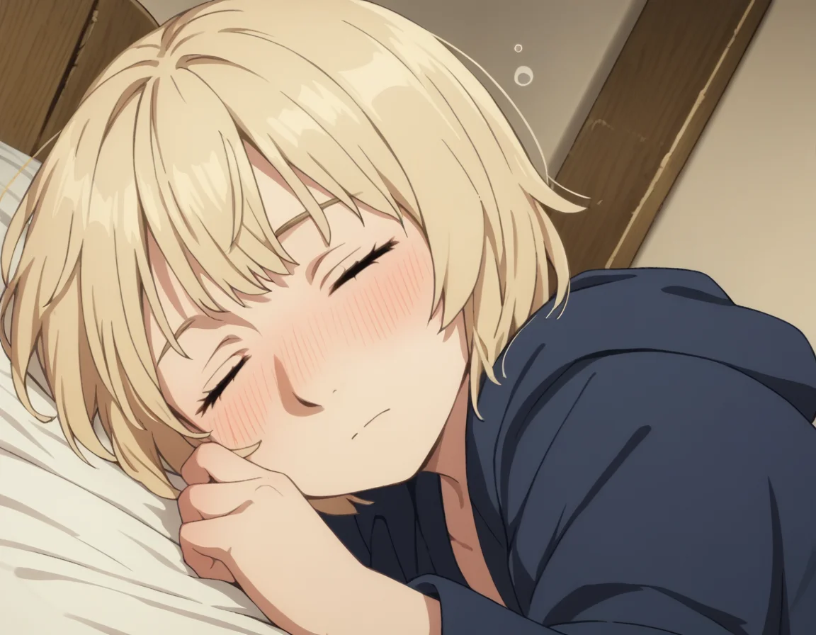 score_9, score_8_up, score_7_up, source_anime,
falintouden, <lora:falin-touden-s1-ponyxl-lora-nochekaiser:1>,
falin touden, short hair, blonde hair, closed eyes,
robe, long sleeves, open clothes,
indoors, bed, bed room, on side, blush, drunk,
looking at viewer, solo, cowboy shot, dutch angle,