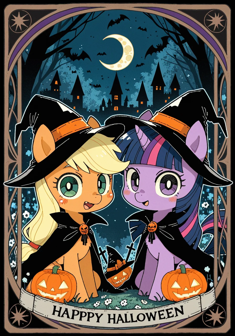 feral, furry, pony, chibi, happy, big eyes, (tarot border, halloween costume, black cape, black wizard hat:1.25), BREAK, group, trio, [looking at another::0.15], twilight sparkle \(mlp\), applejack \(mlp\), BREAK, masterpiece, best quality, high quality, outline, [by Soresaki:(by Yukimoto Shuuji \(Gurigura\):1.25):0.65], detailed star-shaped background, detailed foreground, night, [:bat, particles effect, castle, forest, moon, grass, flower field:0.1]