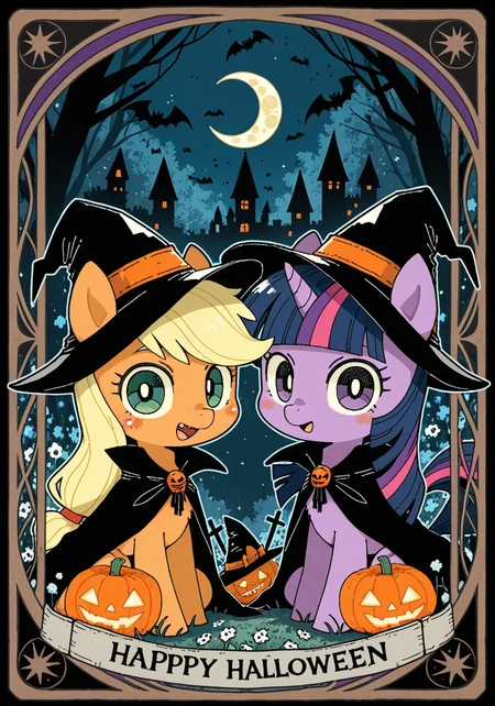 feral, furry, pony, chibi, happy, big eyes, (tarot border, halloween costume, black cape, black wizard hat:1.25), BREAK, group, trio, [looking at another::0.15], twilight sparkle \(mlp\), applejack \(mlp\), BREAK, masterpiece, best quality, high quality, outline, [by Soresaki:(by Yukimoto Shuuji \(Gurigura\):1.25):0.65], detailed star-shaped background, detailed foreground, night, [:bat, particles effect, castle, forest, moon, grass, flower field:0.1]