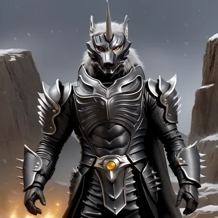 score_9, score_8_up, score_7_up, score_6_up, score_5_up, score_4_up,
dynamic action pose, male, handsome, powerful muscular body, (full body), (Totality Embodiment), breathtaking beauty, pure perfection, divine presence, unforgettable, impressive, chiaroscuro, night time,
black metal armor, grey wolf, grey body, grey skin, grey fur, villain, glowing yellow eyes, long white hair, wolf face helmet, wolf face mask, single horn on forehead, powerful muscular warrior like body, opened armored leather long jacket, thick arms, thick legs, wide thick chest, large pecs, abs, dashing, evil, villain, supervillain, masterclass oil painting, blistering cold winter night, frozen wasteland, detailed background,
<lora:Zen_Aku_Power_Rangers_Wild_Force_AD_SDXL:0.65>