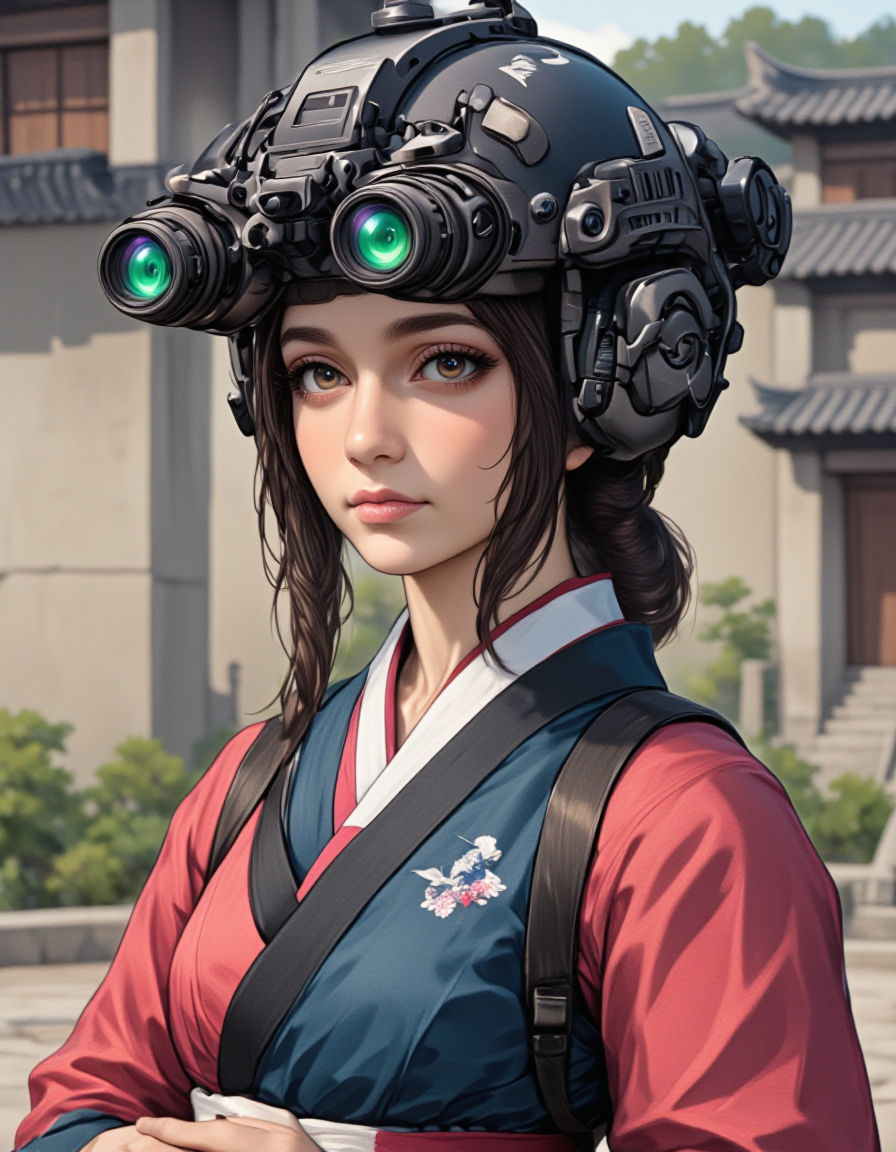 A woman in a traditional Korean hanbok, standing in the courtyard of an ancient palace. She wears a modern military helmet with a sleek black finish, the surface adorned with delicate crane patterns. The helmet is equipped with two night vision gogglesâlong cylindrical tubes with glowing green lensesâthat sit above her eyeline, ready to be used. The helmetâs communication device is seamlessly integrated, with small, subtle wires that blend with the helmetâs design. She stands with her hands clasped in front of her, the soft rustle of her hanbok adding to the serene atmosphere. The palaceâs towering walls rise behind her, their shadows stretching across the stone courtyard. The green glow from the goggles contrasts with the vibrant colors of her hanbok, creating a surreal, almost dreamlike scene. Her expression is one of calm determination, as if she is preparing for a journey into the unknown., ArsNijiStyle,