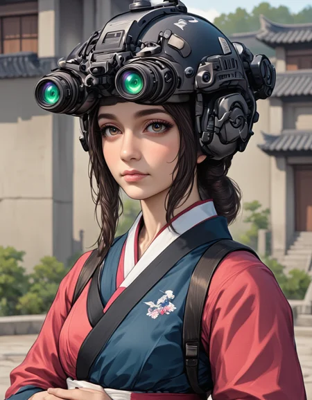 A woman in a traditional Korean hanbok, standing in the courtyard of an ancient palace. She wears a modern military helmet with a sleek black finish, the surface adorned with delicate crane patterns. The helmet is equipped with two night vision gogglesâlong cylindrical tubes with glowing green lensesâthat sit above her eyeline, ready to be used. The helmetâs communication device is seamlessly integrated, with small, subtle wires that blend with the helmetâs design. She stands with her hands clasped in front of her, the soft rustle of her hanbok adding to the serene atmosphere. The palaceâs towering walls rise behind her, their shadows stretching across the stone courtyard. The green glow from the goggles contrasts with the vibrant colors of her hanbok, creating a surreal, almost dreamlike scene. Her expression is one of calm determination, as if she is preparing for a journey into the unknown., ArsNijiStyle,