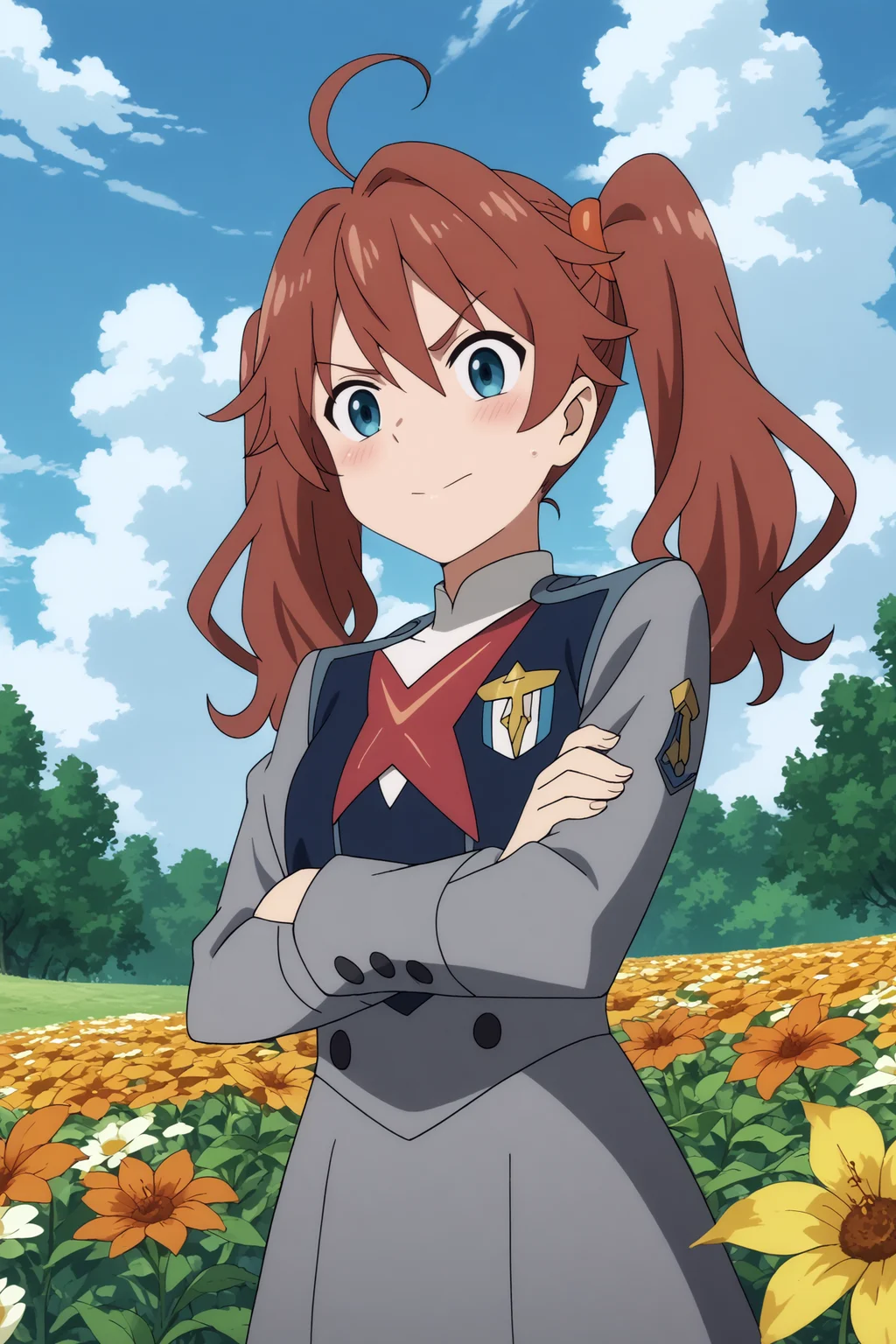 kokoro,1girl,solo,long hair,twintails,ahoge,uniform,military,military_uniform,long hair,crossed arms,smirk,from below,cowboy shot BREAK outdoors,blue sky,cloudy_sky,orange flower,flower field,tree <lora:Miku_-_Darling_in_the_franxx.safetensors:0.8> <lora:detailed_backgrounds_v2.safetensors:0.5>