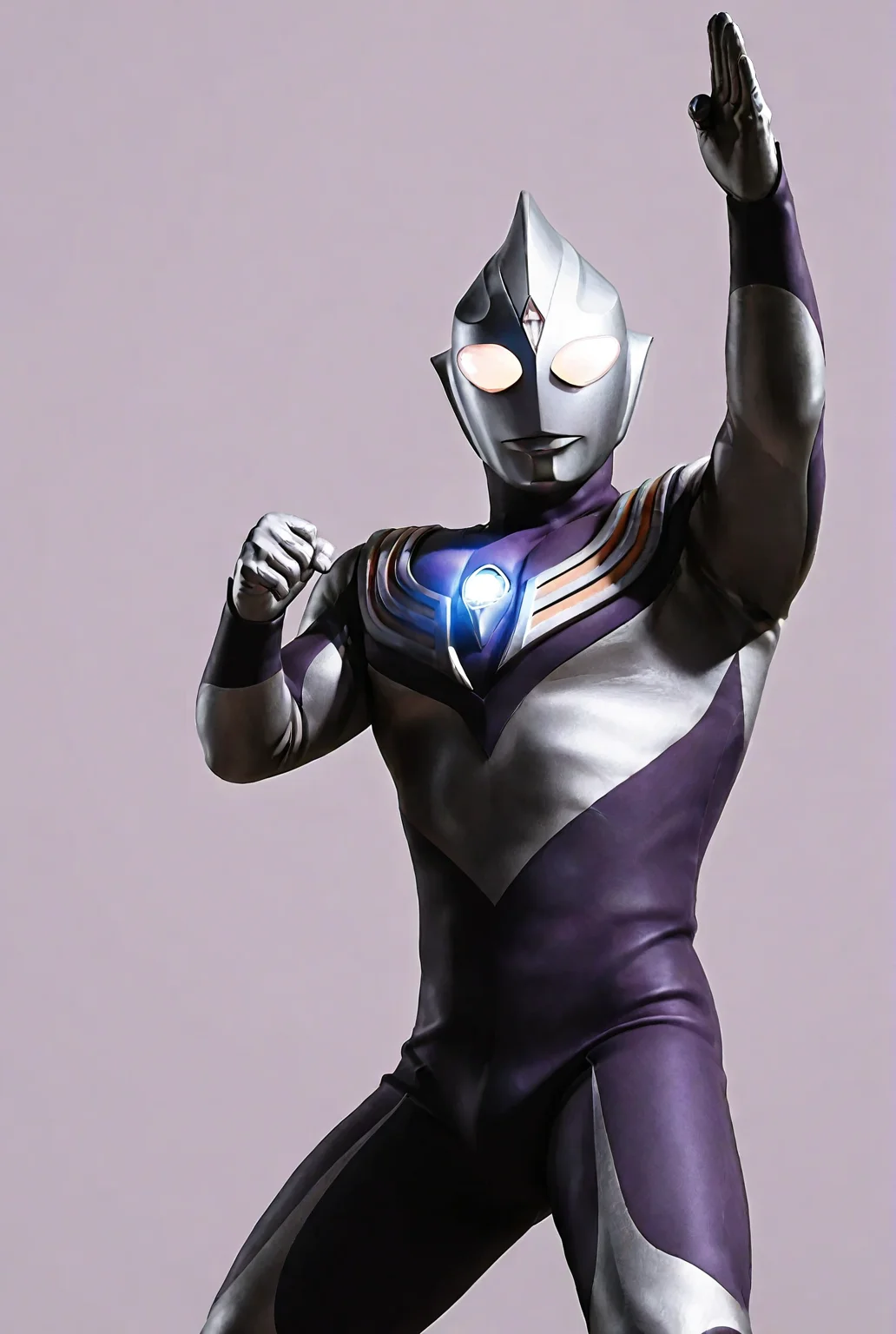 score_9,score_8_up,score_7_up,best quality,ultra-detailed,high resolution,digital painting,8k,1boy,solo,cowboy shot,male focus,bara,detailed face,2d,front view,alien,tokusatsu,bodysuit,glowing eyes,tiga sky type,dark purple bodysuit, fighting stance, light, glowing body, simple background,<lora:add-detail-xl:1>,<lora:Ultraman Tiga:0.8>,