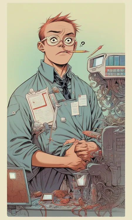 score_9, score_8_up, score_7_up BREAK, (male scientist) (looking at computer screens), pencil in mouth, (confused expression), balding, wearing glasses, wearing a necktie, crashed monitors, smoke coming from monitors, engineering <lora:Jamie_Hewlett_GorillazTank_Girl_Style_Pony:1>, detailed, colorful, perfect anatomy