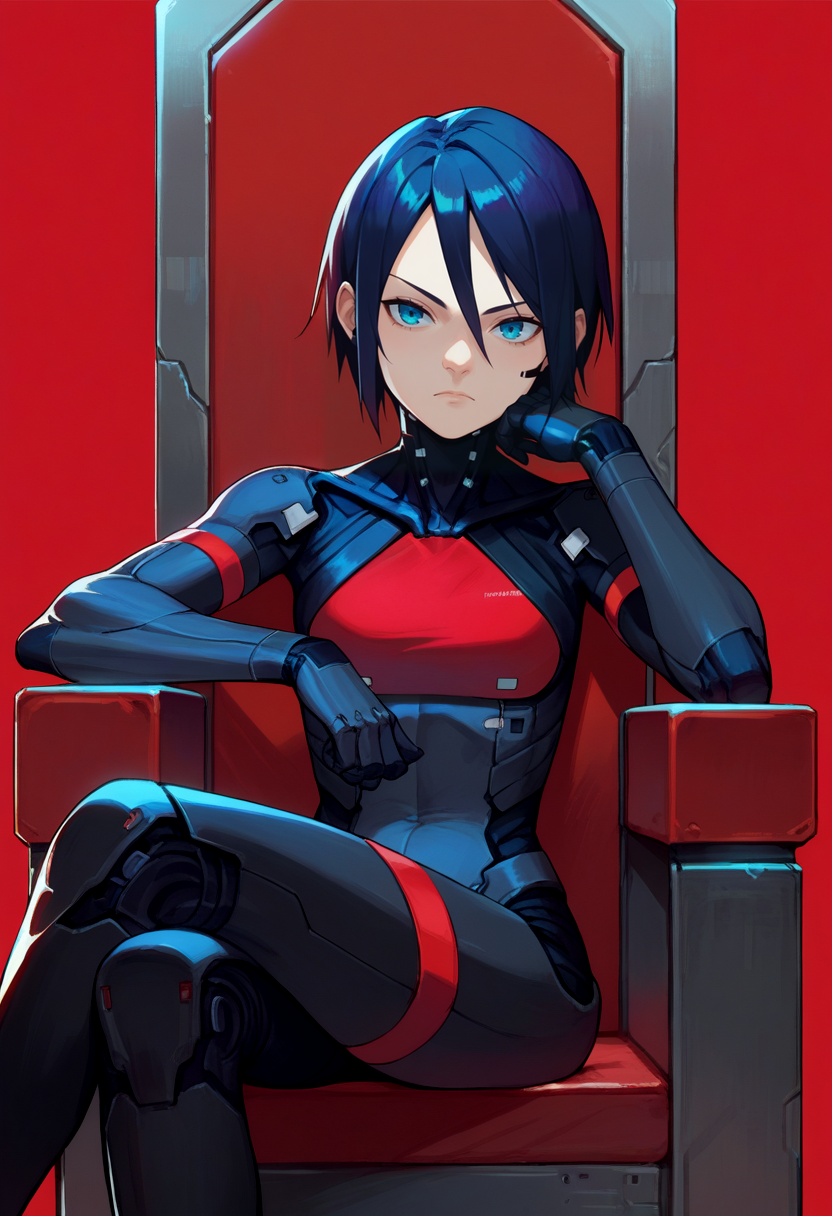 score_9, score_8_up, score_7_up, source_anime, solo, 1girl, elster, cyborg, sitting, crossed legs, head rest, throne, bodysuit, simple background, red background <lora:signalis_elster_ponyXL:1>
