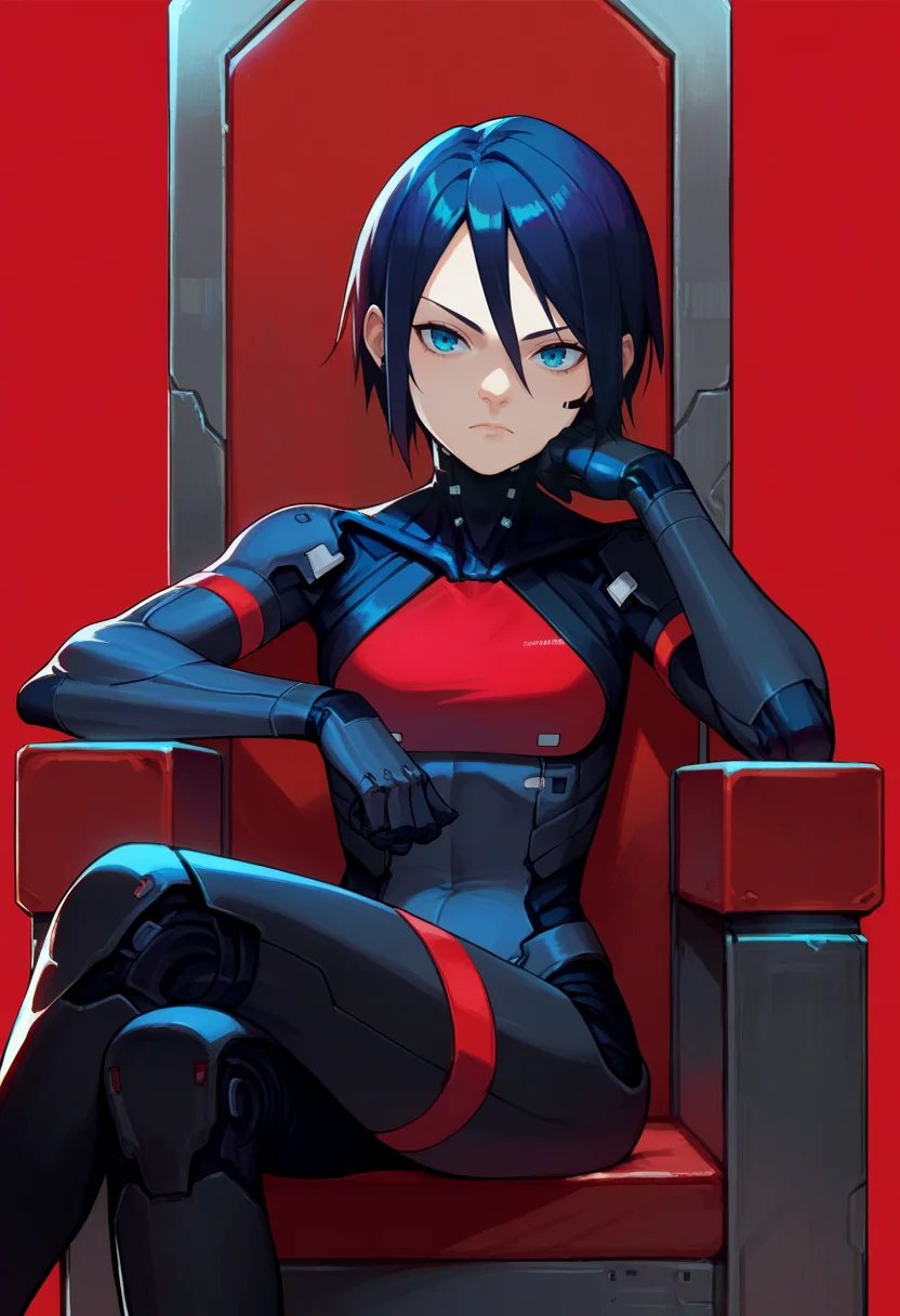 score_9, score_8_up, score_7_up, source_anime, solo, 1girl, elster, cyborg, sitting, crossed legs, head rest, throne, bodysuit, simple background, red background <lora:signalis_elster_ponyXL:1>