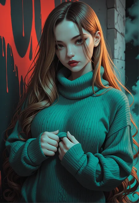 1girl, woman, adult, looking at viewer,
high_quality, highres, detailed_eyes, detailed, masterpiece, best quality, absurdres, 8k, HDR, face_focus,
messy_lipstick,
long hair, straight hair, very long hair, blonde, brown hair, extreme curly thin hair, hair over eye, bangs, hair behind ear,
upper body view, angle_soft_focus, dynamic view,
oversized sweater, pulling sleeves over hands, innocent but bold gaze,
ink, wall, fog,
gray, black, red, green, limited palette,