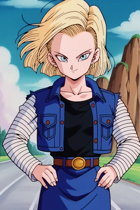 score_9,score_8_up, score_7_up, BREAK a18,retro artstyle, 1girl, blonde hair,yellow earrings, upper body, hands on own hips,gold belt buckle, long sleeves, looking at viewer, black shirt, short hair, blue denim skirt,(breast pocket),brown buttons, solo, standing, white striped sleeves, light blue eyes,highway, cliff, blue denim jacket,street,smirk, brown belt,floating hair, open jacket,floating hair,    <lora:Android18Pony:1>