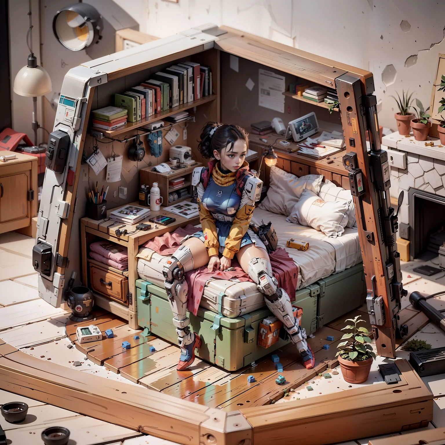 mini\(ttp\),gundam\(rx78\), (8k, RAW photo, best quality, masterpiece:1.2),((1girl in mobile suit), in bedroom, indoors),((isometric)), miniature, landscape,<lora:miniature_V1:0.6>, ((simple background)), clean floor, <lora:RX78_v2-000014:0.3>